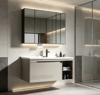 Meuble-lavabo flottant gris clair, rangement ouvert, vasque en céramique blanche, unité de lavabo murale étanche