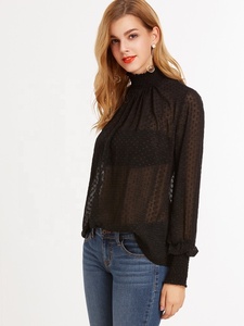 Latest Long Sleeve Black <strong>Sheer</strong> Women Smocked <strong>Blouse</strong> - Product Image 4