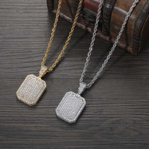 จี้ทรงสี่เหลี่ยมเล็ก, สร้อยคอเครื่องประดับฮิปฮอป, สร้อยคอผู้ชายสีบรอนซ์ฝังเซอร์โคเนียม, จี้รูปโล่ทรงสี่เหลี่ยมพร้อมสายสร้อย - Product Image 1