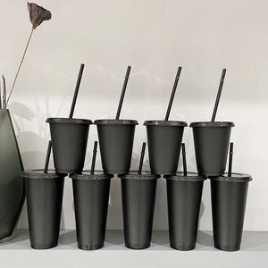 16oz 24oz Reusable Cold Iced <b>Drinking</b> Tumblers Black <b>Plastic</b> Cups with Lids and <b>Straws</b> - Product Image 3
