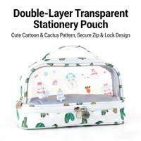 Trousse à crayons transparente double couche, grande capacité, organisateur de papeterie, pochette à stylos à imprimé mignon, sac de rangement pour fournitures scolaires avec fermeture éclair