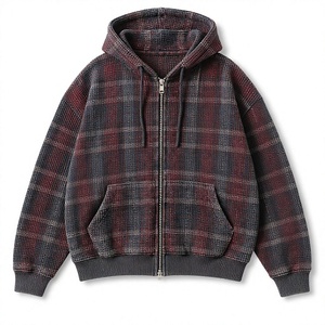 <b>Men's</b> Plaid Waffle Zip <b>Hoodie</b> 100% Cotton Thermal Hooded Sweatshirt Vintage Streetwear for Winter - Product Image 1