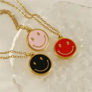 Mode Smile Charme Happy Smiley Face Hanger Verguld Roestvrij Staal Email Smiley Gezicht Hanger Ketting