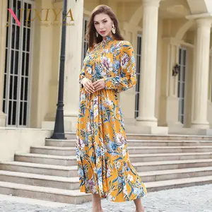 Yellow Floral Printed Long Dresses Summer Casual Dress 2022 OEM Service Manufacturer Women Natural Woven Adults Midi Loose Rayon