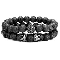 Vente chaude Semi-Précieux Jade Perlé Bracelet Pierre De Lave Naturelle et Zircon Couronne Charme Élastique Bijoux pour Femmes et Hommes