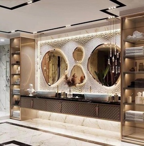 Meubles de salle de bain d'hôtel, meuble-lavabo double de luxe avec <span class=keywords><strong>miroir</strong></span> rétroéclairé irrégulier et <span class=keywords><strong>porte</strong></span> de placard en cuir matelassé - Product Image 2