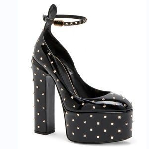 Brand Design Black Patent Leather Rivets Women's Dress Shoes High Chunky <b>Heels</b> Ankle Strap Platform Pumps - Product Image 6