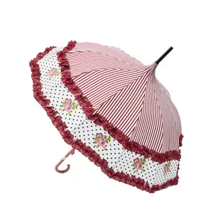 Classic European Pretty Ladies White Fiberglass Ribs Flower Print Inside Shape for Girl with Frilly Straight Sun Umbrella