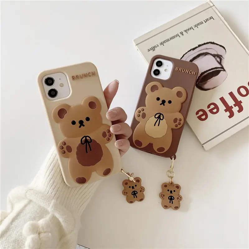 3D Cartoon Cute Silicone Mobile Phone Cover with Bear Doll Pendant Phone Case For iphone 14 13 12 11Pro MAX XS XR 7 8plus