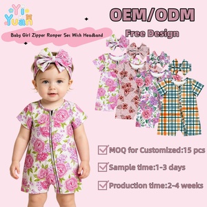 Conjunto <span class=keywords><strong>de</strong></span> Ropa <span class=keywords><strong>de</strong></span> Verano Casual para Bebé: Pelele <span class=keywords><strong>de</strong></span> Manga Corta con Cremallera y Estampados Variados, con Diadema a Juego para Niña Pequeña - Product Image 1