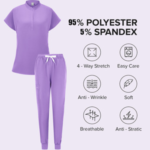 Women's Scrub <b>Set</b> Short Sleeve <b>Knitted</b> Split Uniform Elastic Quick Dry Breathable For Nurse Dental Workwear S XXL - Product Image 2