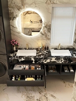 Meuble de salle de bain moderne autoportant en marbre naturel, avec lavabo en pierre, miroir LED et éclairage intégré