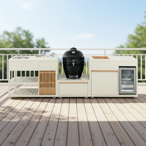 Barbecue Kamado Moderne en Acier Inoxydable Blanc 3-en-1 avec Allumage Électrique et Dispositif de Sécurité des Flammes, Ensemble de Meubles de Cuisine Extérieure pour Fêtes et Jardins - Product Image 1