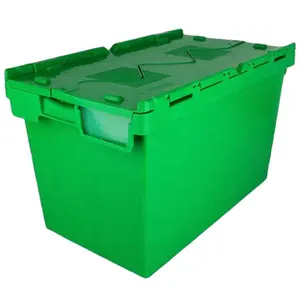 Heavy Duty Attached Lid Plastic Storage Crate 56L Large Plastic Crate Boxes