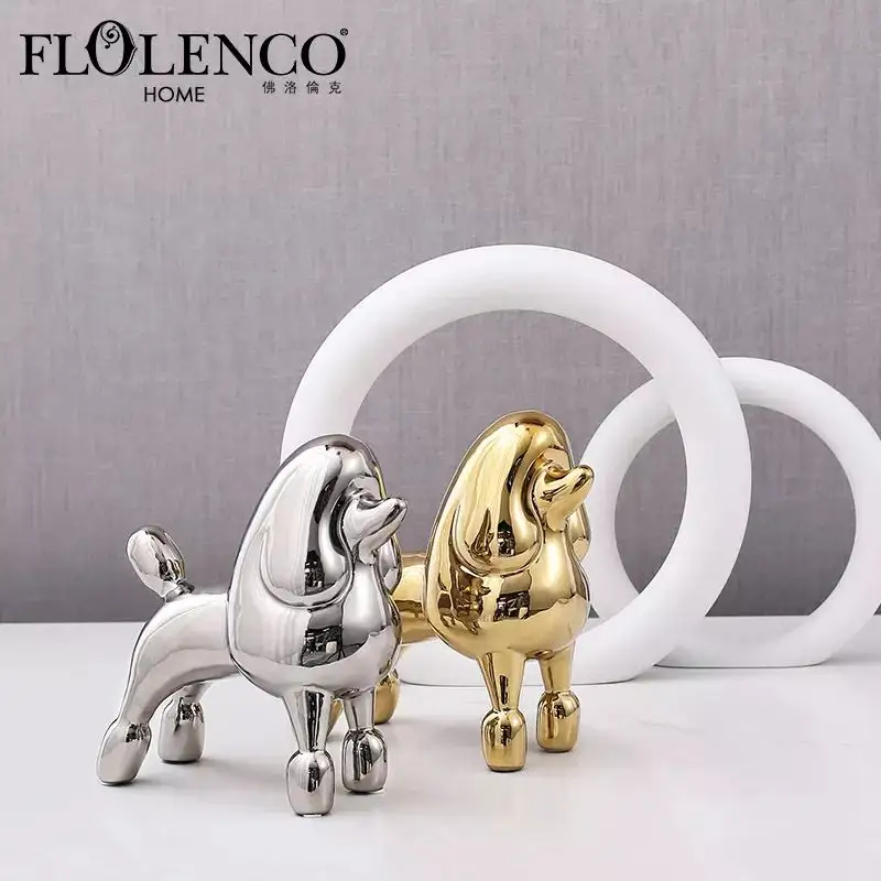 FLOLENCO Cute Style Dog Shape Porcelain Decoration for Home Living Room Interior Desktop Luxury Ceramic Home Decor