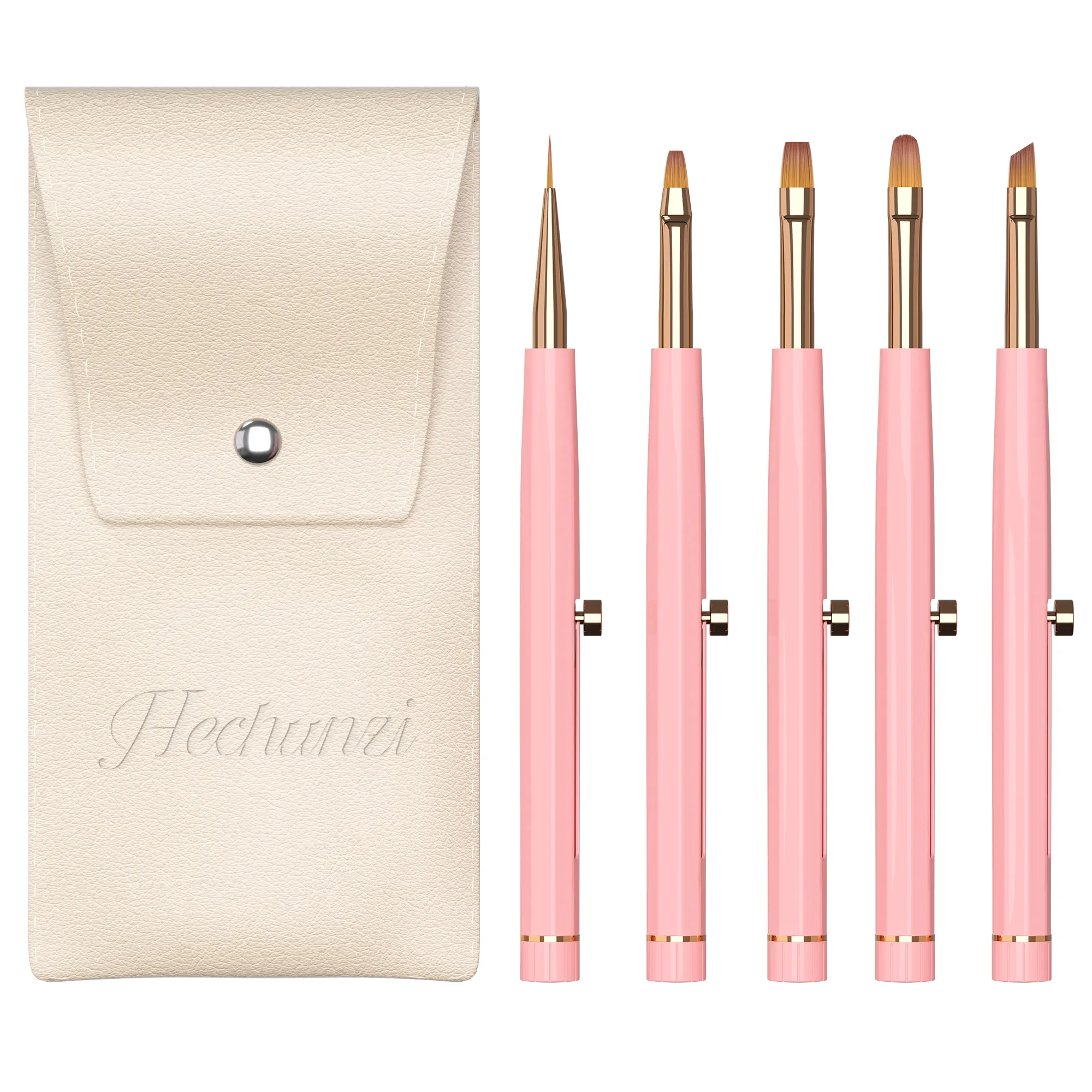 Hechunzi Conjunto de pincéis para nail art, ferramentas de arte por atacado, cabelo de nylon, cabo de plástico rosa, 5 peças, delineador de unhas, pincéis de pintura plana