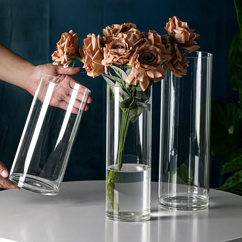 Прозрачная Высокая цилиндрическая стеклянная напольная ваза для домашнего декора, хрустальные вазы для цветов