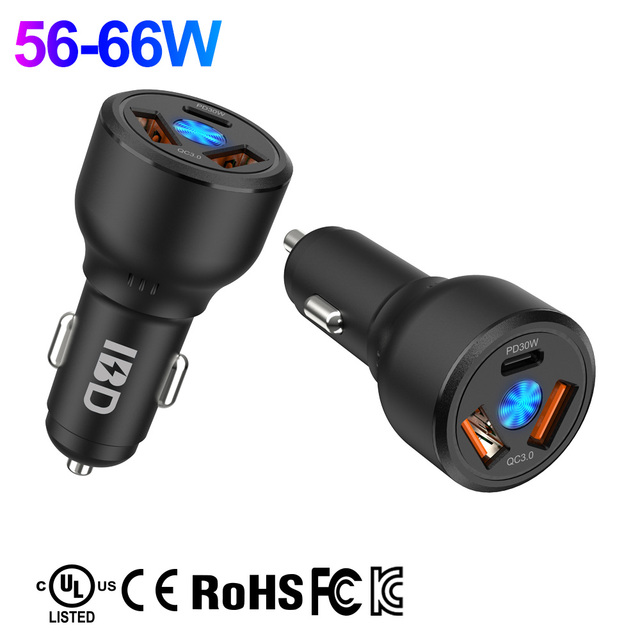 IBD OEM Electric Car Charger 3 Port USB C PD20W PD65W 18W 3.1A 2 Port QC3.0 55W 66W Mini USB-C Dual USB-A 30W 20W 65W for Phone