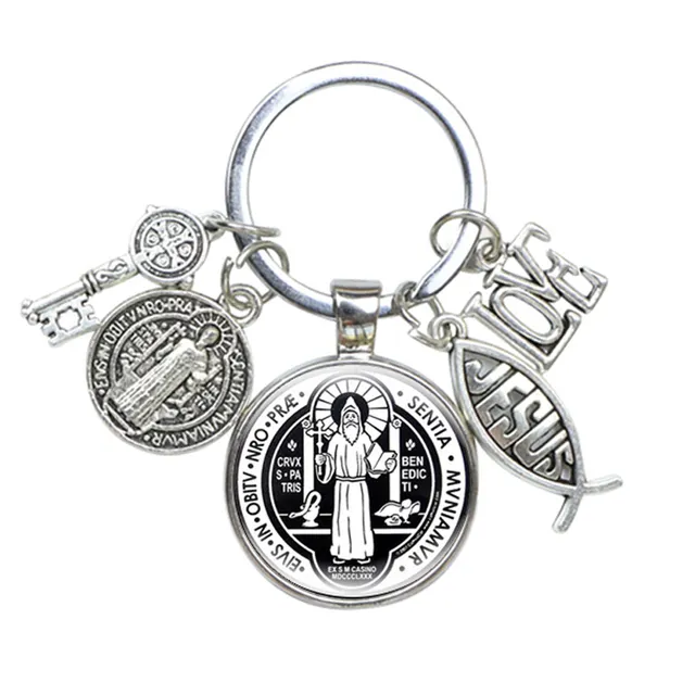 Saint Benedict Medallion Keychain I LOVE JESUS Glass Art Picture Handcraft Key Chain Catholic San Benito Key Ring Jewelry Gifts