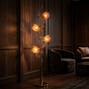 Lámpara de pie estilo bohemio con flor de loto, pétalos de vidrio translúcido soplados a mano, soporte dorado en forma de S, lámpara decorativa elegante - Product Image 1