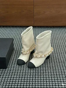Botines de Tacón Alto a Media Pantorrilla para Mujer, Diseño de Lujo, Clásicos, de Cuero Sólido con Cadena, Color Dorado, Transpirables, para Verano y Otoño - Product Image 3