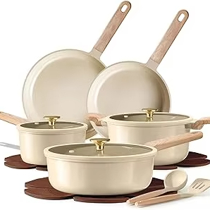 Set di Pentole in Metallo <span class=keywords><strong>CAROTE</strong></span> 14 Pezzi, Rivestimento in Ceramica Non Tossico Senza PFAS/PFOA, Costruzione in Alluminio, Coperchi in Vetro, Manici in Bachelite - Product Image 2
