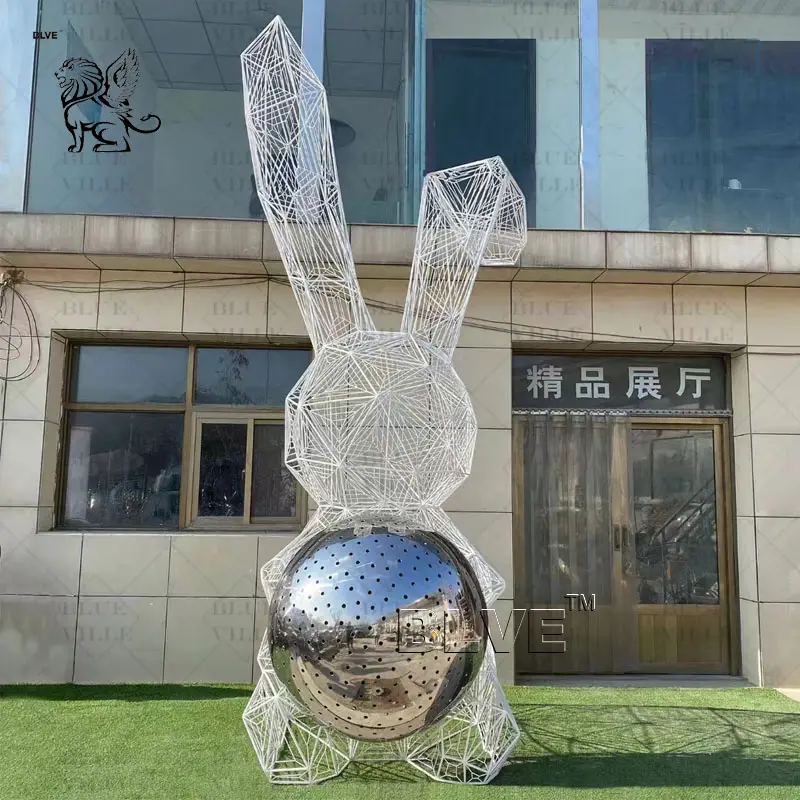 BLVE dekorative Landschaftsstatue lebensgröße Metallgarten Tierenstatuen abstrakte Kaninchen-Skulptur aus Edelstahl mit Licht