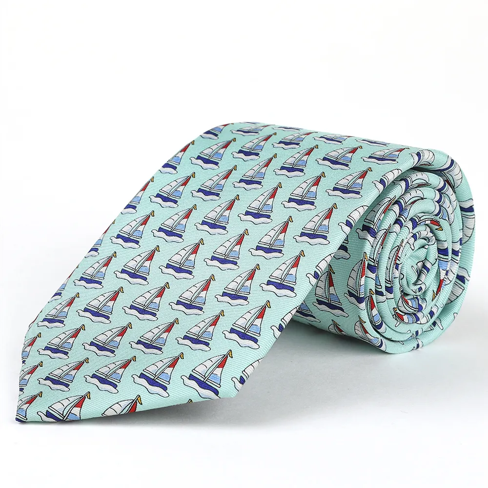 Green 100% Handmade Silk Print Necktie Nautical Sailboat Pattern Male Tie Wool Blend Lining Neckties