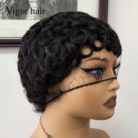 Wig Keriting Tanpa Lem Grosir dengan Poni, Rambut Manusia Gelombang Keriting Virgin Brasil, Wig Pixie Cut Tanpa Lace untuk Wanita