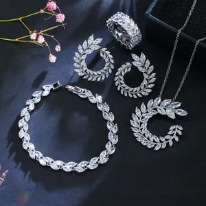 2022 4 Stuks Koreaanse Leaf Hoge Kwaliteit Zirkoon Ketting Luxe Marquise Bruids Bruiloft Sieraden Set Voor Vrouwen Lady Anniversary Gift