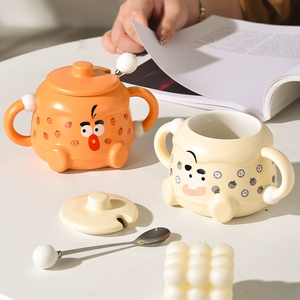 แก้วกาแฟลายการ์ตูนสุดสร้างสรรค์แก้วข้าวโอ๊ตนมสำหรับอาหารเช้ามีที่จับสองอันแก้วที่นำกลับมาใช้ใหม่ได้พร้อมฝาปิดสำหรับเด็ก - Product Image 4