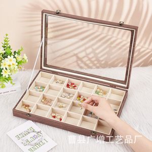 Wooden Jewelry <b>Box</b> With <b>Glass</b> Lid 34.6x23.9x5cm Divided Storage For Earrings Rings Desktop Organizer Retro Color - Product Image 1