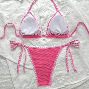 Ensemble bikini femme, col halter, liens latéraux, rose, polyester/coton extensible, motif écossais, décoration coquillage, pour la natation et les sports nautiques - Product Image 3