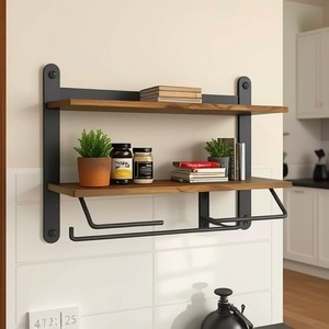 Porte-papier toilette en bois de style moderne pour la salle de bain à domicile, combinant fer et bois, support de rangement pour papier toilette en bois double couche - Product Image 1
