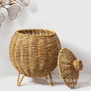 Hand Woven Rattan Basket Oval With Lid <b>Standing</b> Type Storage For Plant <b>Desktop</b> Use - Product Image 3