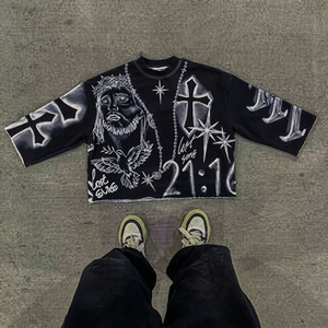 เสื้อยืดแขนสั้นวินเทจลายดาวพิมพ์ลายเฮลล์สำหรับผู้ชาย ยี่ห้อ Yingling ราคาโรงงาน ทรงโอเวอร์ไซส์ ผ้าหนา ดีไซน์เรียบง่าย สีพื้น - Product Image 1