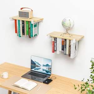 Ensemble de 2 bibliothèques flottantes modernes en <span class=keywords><strong>bois</strong></span> de pin blanc avec supports d'étagères invisibles Espace unique Étagères suspendues murales - Product Image 5