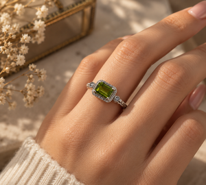 Vintage <b>Emerald</b> Cut Peridot Gemstone <b>Ring</b> for Women 925 <b>Silver</b> Rhodium Plated Halo Diamond Engagement Natural Stone - Product Image 1