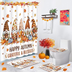 Rideau de Douche en Polyester Imprimé Numérique Motif Gnomes et Citrouilles Automnaux Orange, Imperméable, Impression Personnalisée, Vente en Gros - Product Image 2