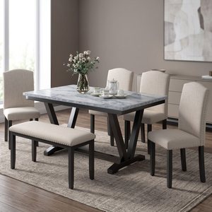 Modern Style White 6-Piece Dining Room Set with V-Shaped <b>Legs</b> Marbled Veneers Tabletop 4 Chairs 1 <b>Bench</b> - Product Image 2