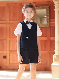 Ensemble formel pour porteur d'alliances : chemise blanche, gilet <span class=keywords><strong>bleu</strong></span> <span class=keywords><strong>marine</strong></span> à bouton unique et short noir avec nœud papillon – <span class=keywords><strong>Costume</strong></span> de <span class=keywords><strong>mariage</strong></span> pour garçon d'honneur - Product Image 3