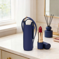 Étui cylindrique pour rouge à lèvres en PU grainé bleu marine, isolant thermique, anti-chauffage, portable, avec sangle de poignet et anneau métallique