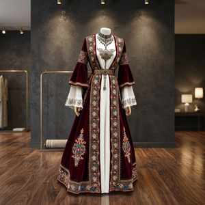 Women Velvet Embroidered Floor-Length Modest <b>Dress</b> V-Neck Long Sleeve A-Line Evening Formal <b>Dress</b> <b>Winter</b> Floral Pattern - Product Image 3