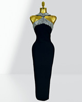 Robe de soirée mi-longue noire à bandes, ornée de strass et de perles pour femme