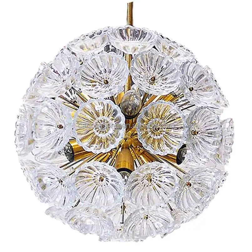 1960 Deutschland Sputnik Löwenzahn Mitte des Jahrhunderts moderne Lampe Dekor Kronleuchter Glas blumen Messing Licht