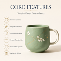 Taza de Café de Cerámica con Diseño Kintsugi Verde Salvia y Vetas Doradas, Pintada a Mano, con Hojas Blancas, para Hogar, Oficina o Regalo, Venta al Por Mayor