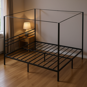 Lit à baldaquin moderne en métal, taille King, quatre poteaux, noir, mobilier de chambre à coucher - Product Image 2