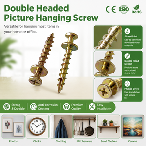 Vis autoperceuses robustes à double tête pour fixation sans perçage de miroirs, toiles et cadres – Vis de suspension type griffe d'ours - Product Image 1