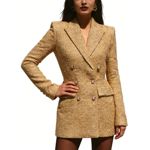 <span class=keywords><strong>Blazer</strong></span> Cruzado de Tweed Dorado para <span class=keywords><strong>Mujer</strong></span> - Elegante Chaqueta de Traje Formal de Longitud Media con Botones de Perla Sehe Fashion - Product Image 2