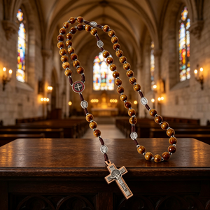 Collier de prière en bois avec perles et crucifix en argent INRI, bijoux religieux chrétiens unisexes, faits à la main, plaqué antique - Product Image 5